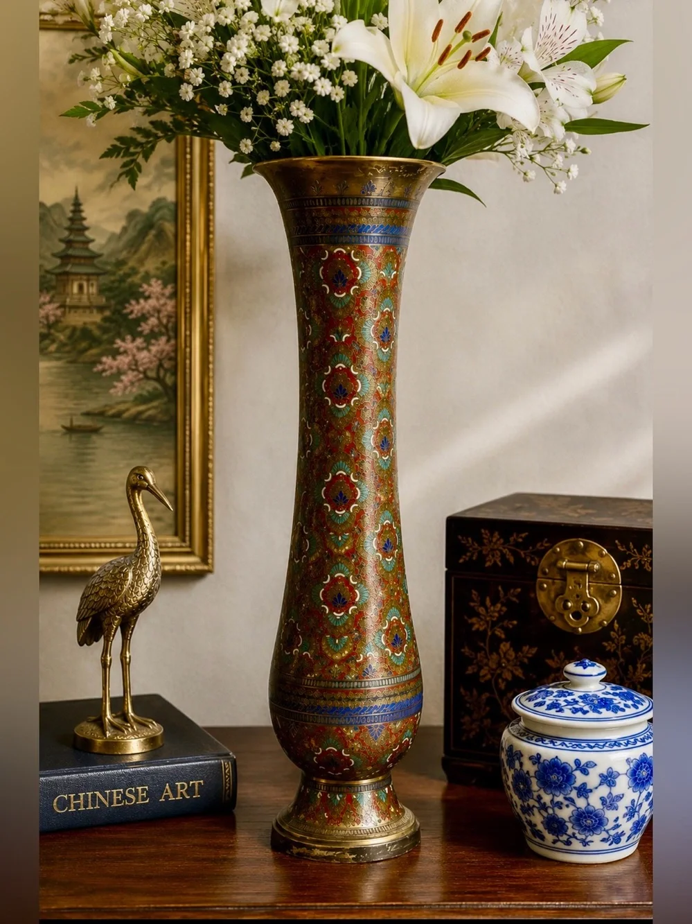 Vintage Chinese Cloisonné Brass Vase 11.5” Red Floral Enamel Asian Decor